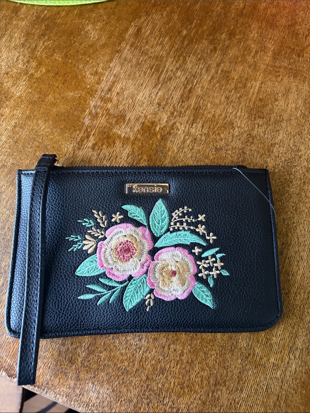 Kensie Black Floral Embroidered Wristlet with Pink & Cream Flowers
